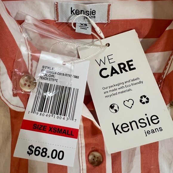 Kensie bottons dows striped orange white short sleeves top - Picture 2 of 3